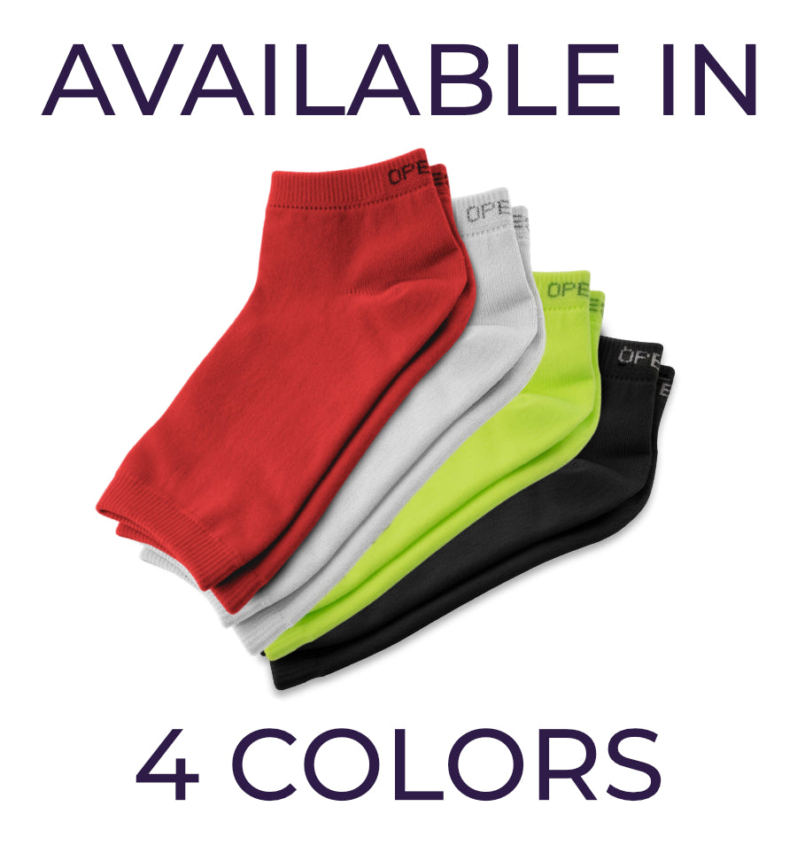 Image of OpeToz toeless socks in Red, White, Lime Green, and Black with text reading "Available in 4 Colors"